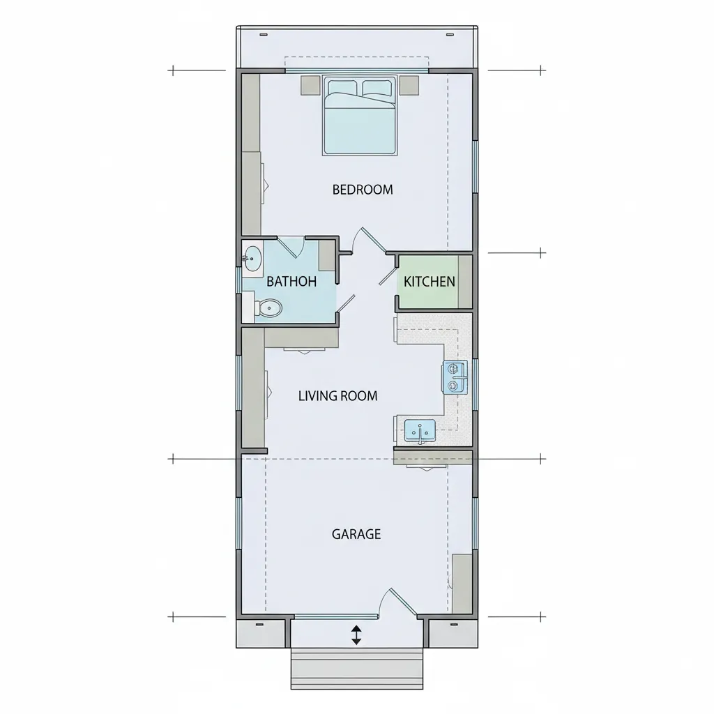 Toy hauler floor plan layout showing garage living area and bedroom