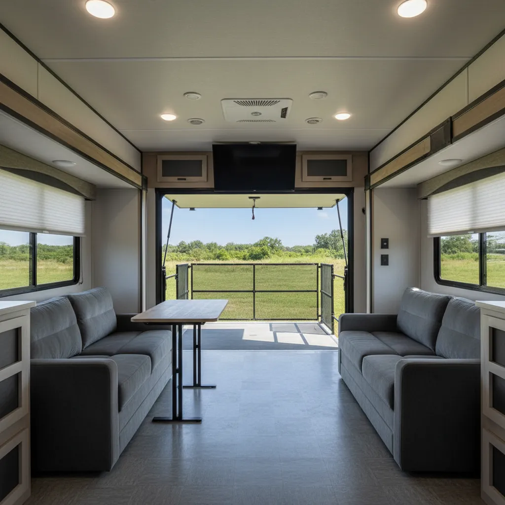 Toy hauler rear garage space with ramp door patio