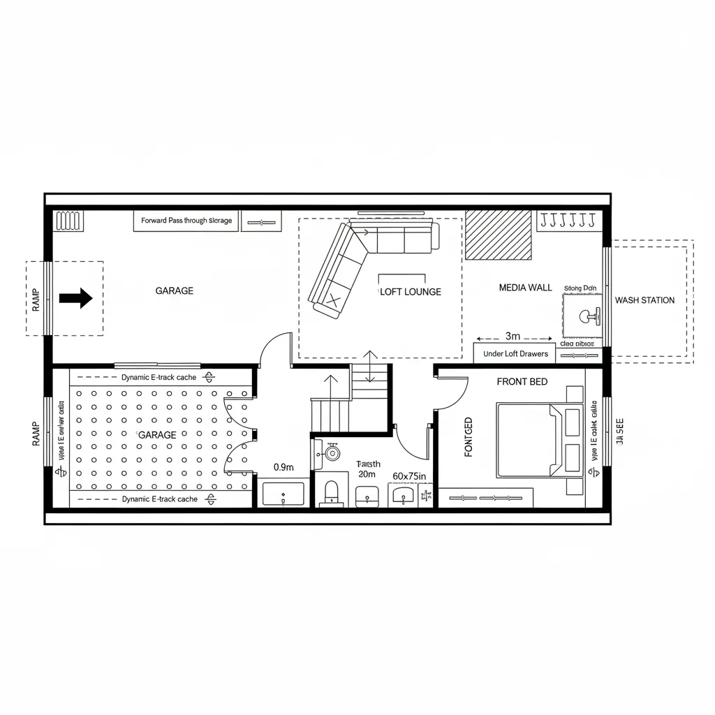Top-down CAD plan of toy-hauler studio with rear garage, loft lounge, and compact front bed