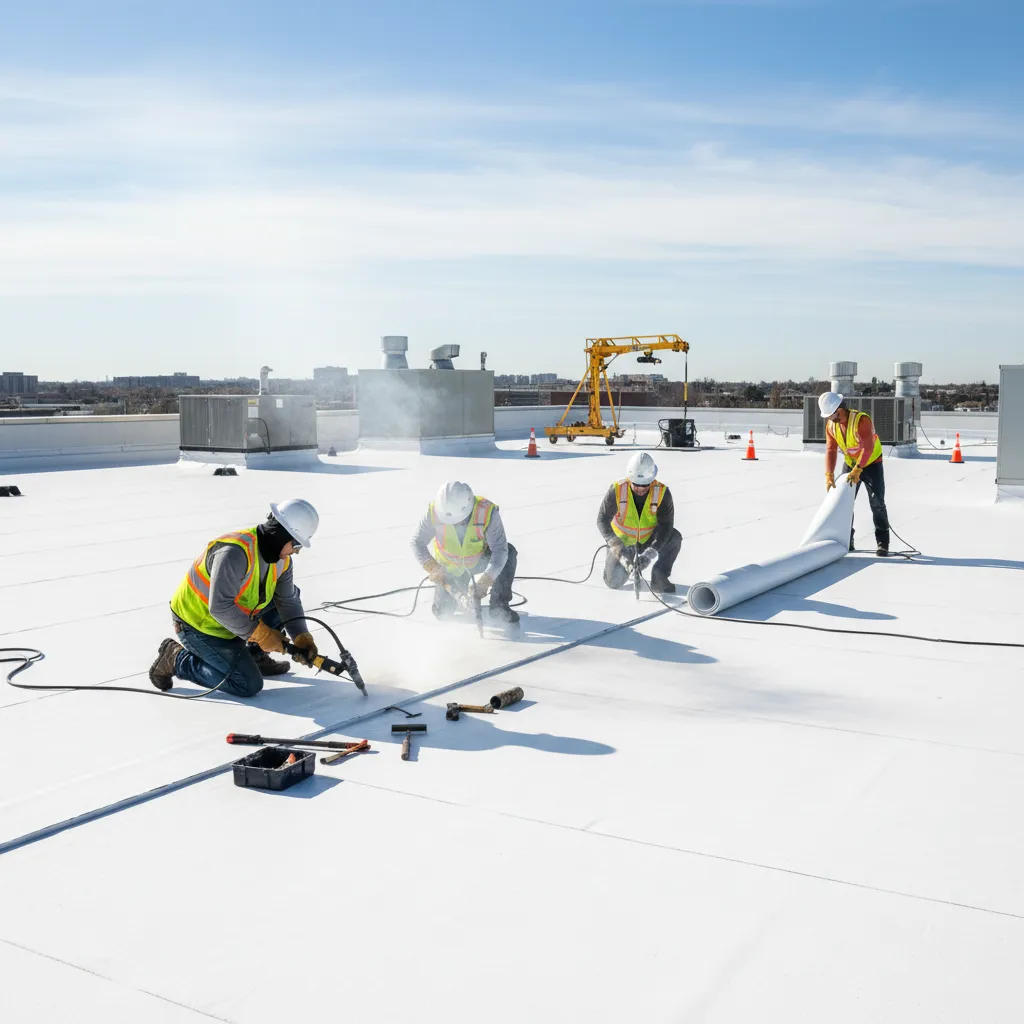 workers installing TPO roofing membrane on flat commercial roof