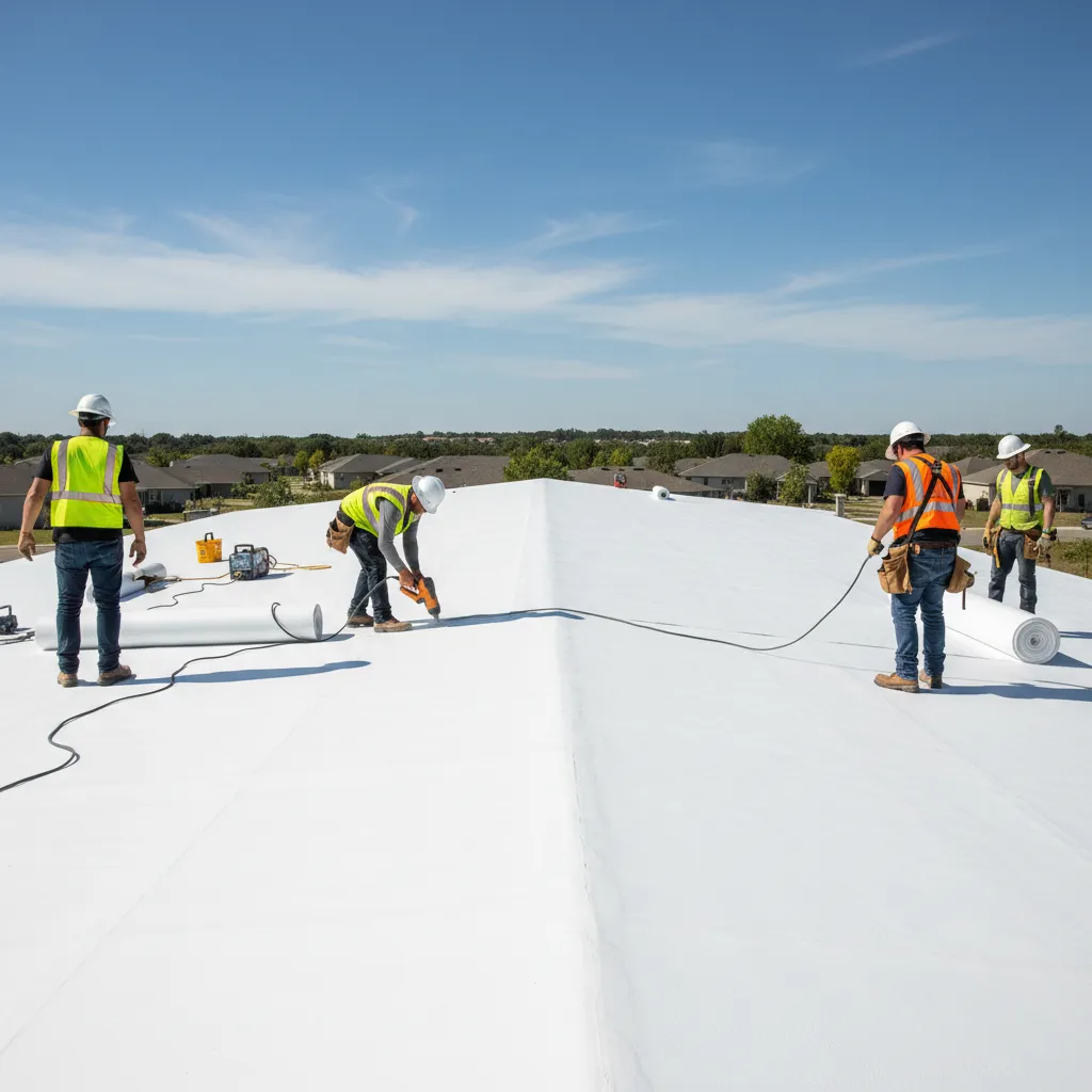 Workers installing white TPO membrane on flat mobile home roof