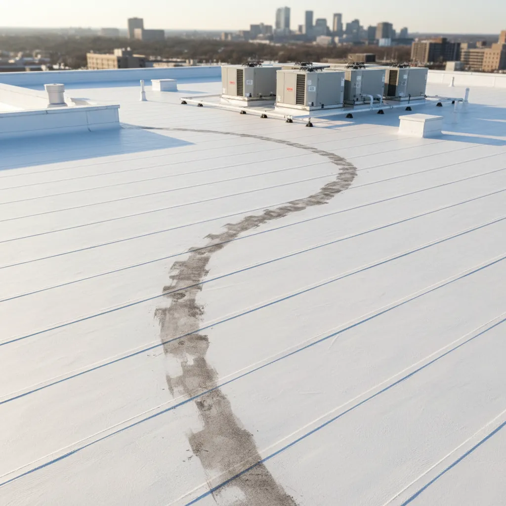 Visible wear marks along common walking path on white TPO roof membrane