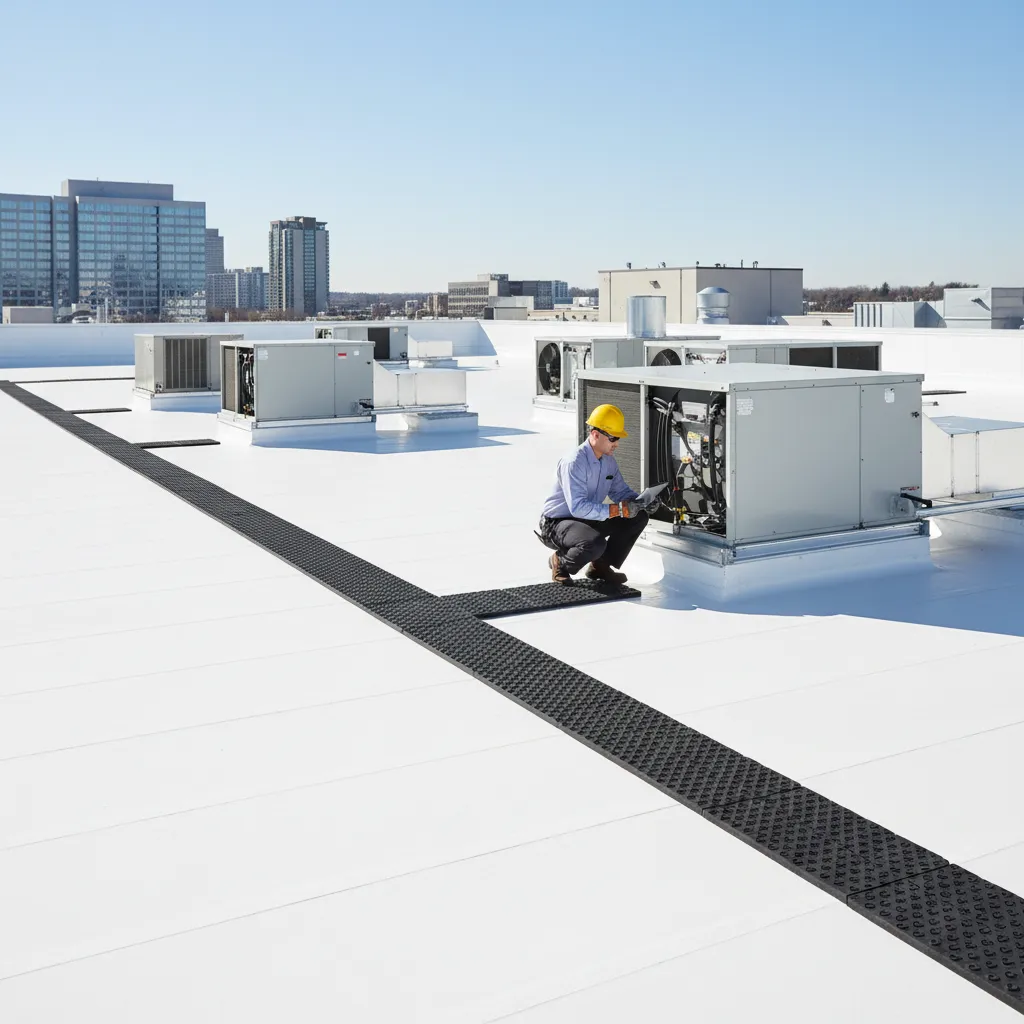 Commercial TPO roof with designated maintenance walking path and HVAC units