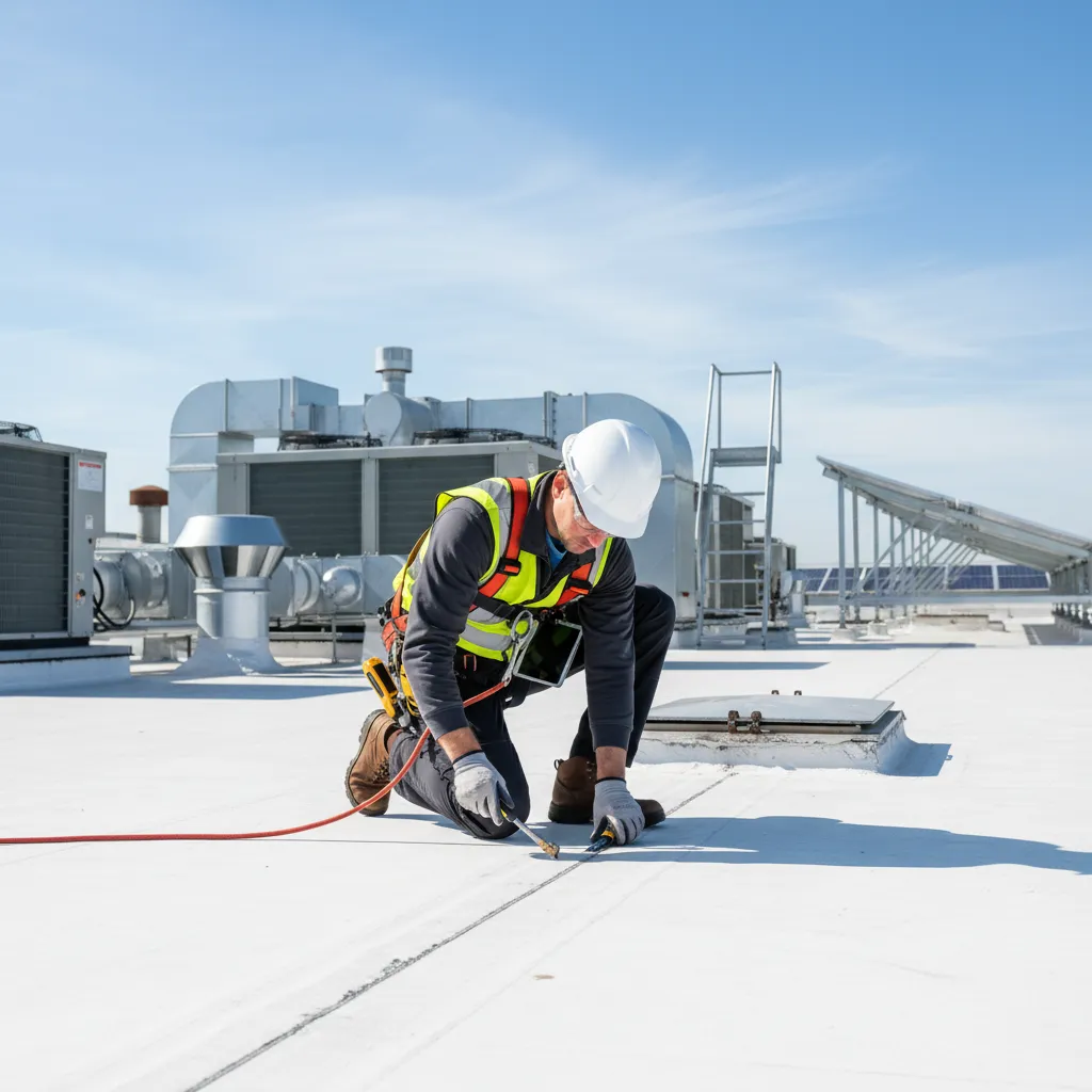 Roof inspector examining TPO membrane condition on a commercial flat roof