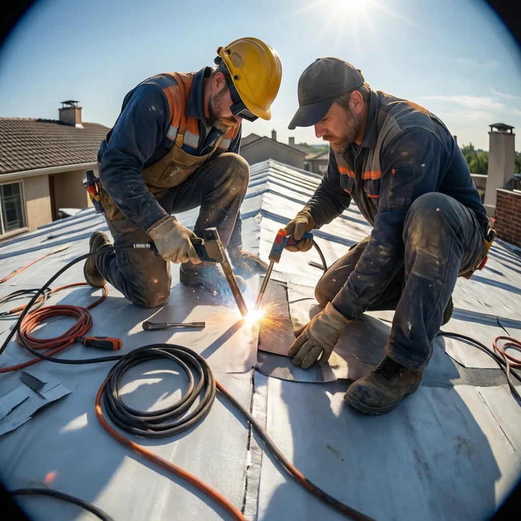 Technician heat welding patch repair on TPO roof membrane