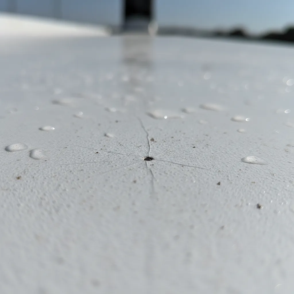 Close-up of TPO roof seam with small puncture and stress marks