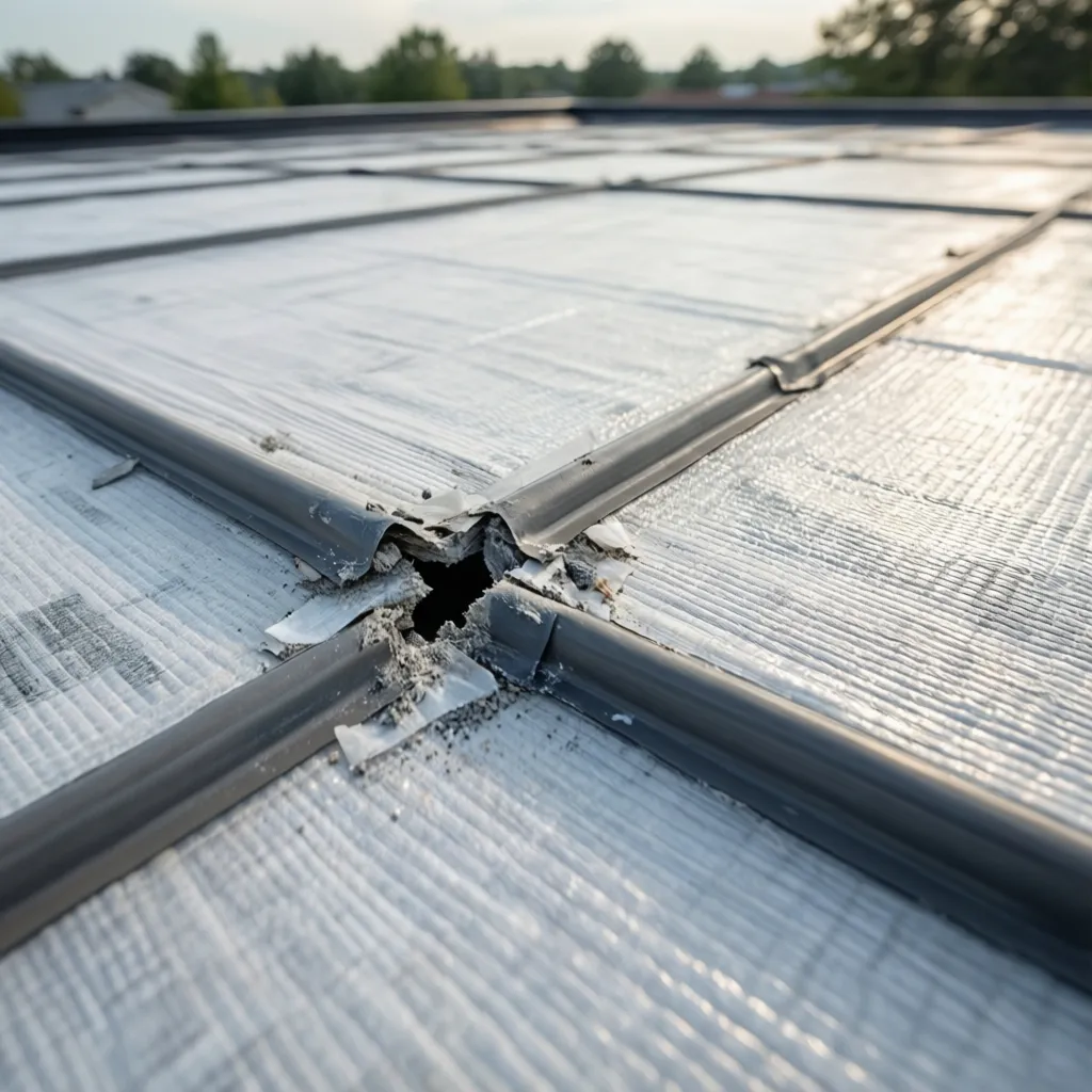 Close view of TPO roof seams and drainage area on commercial flat roof