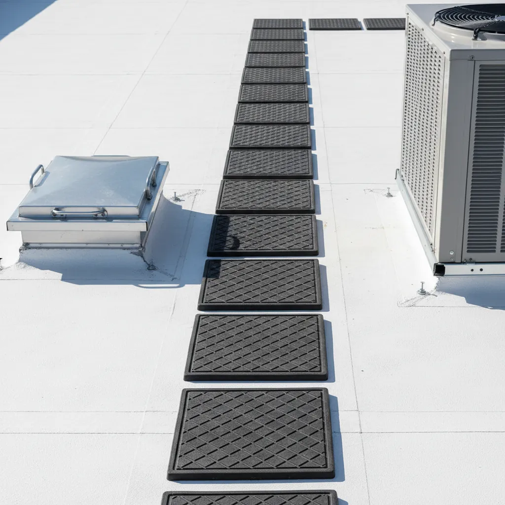 Installed roof walk pads forming pathway on TPO membrane
