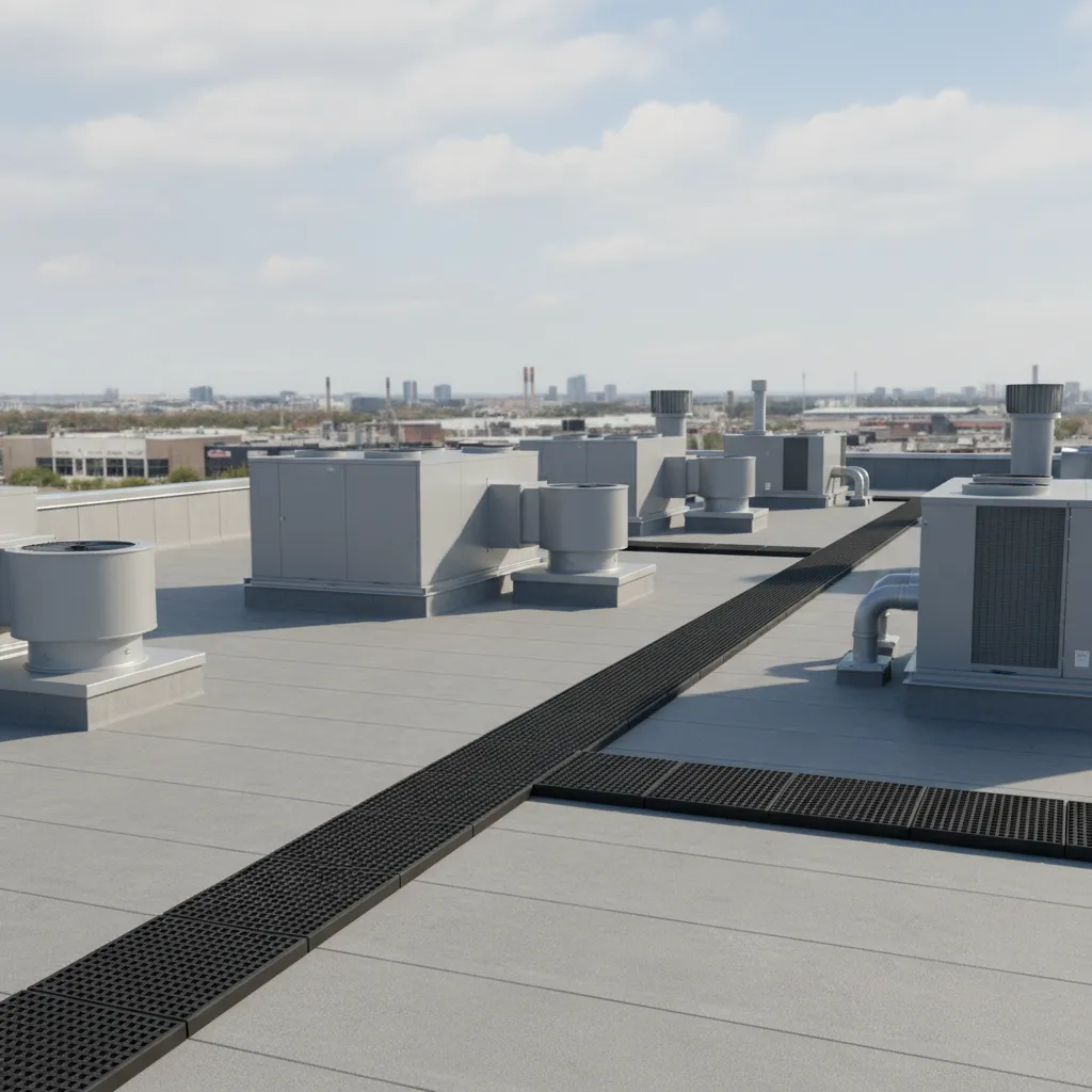 TPO roofing membrane with installed maintenance walkway system