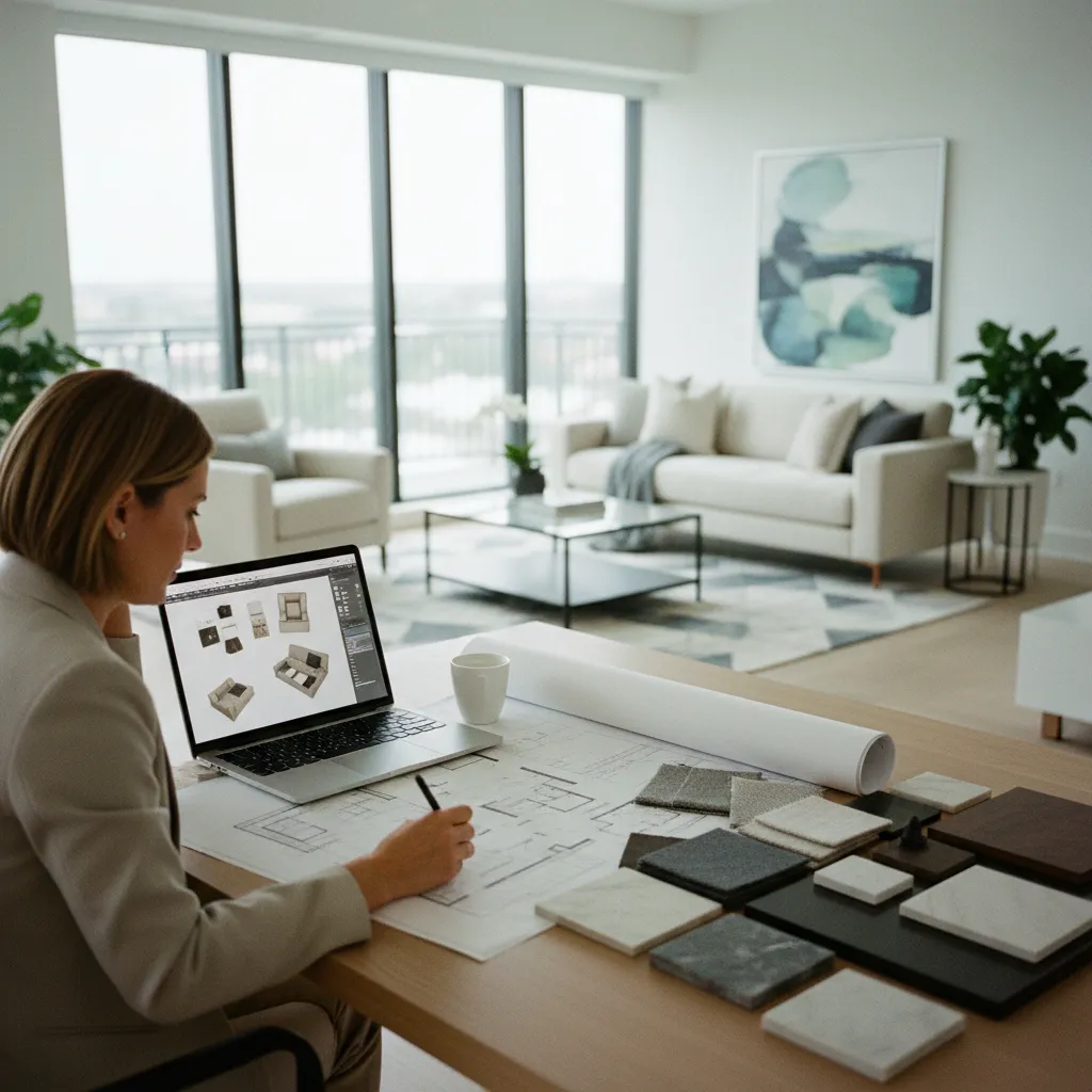 Interior designer working on laptop with floor plan and various material samples on wooden desk