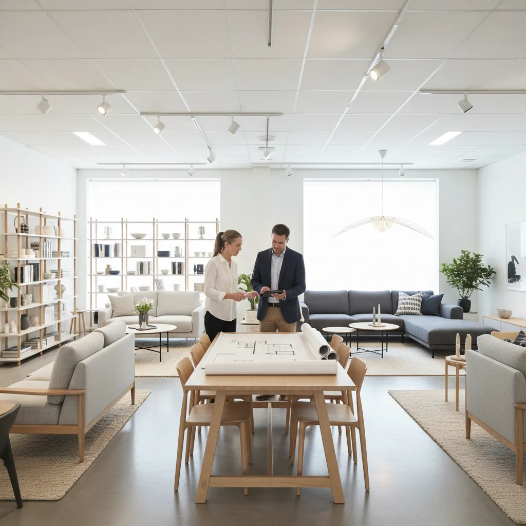 Diseñador revisando planos dentro de una tienda de muebles moderna