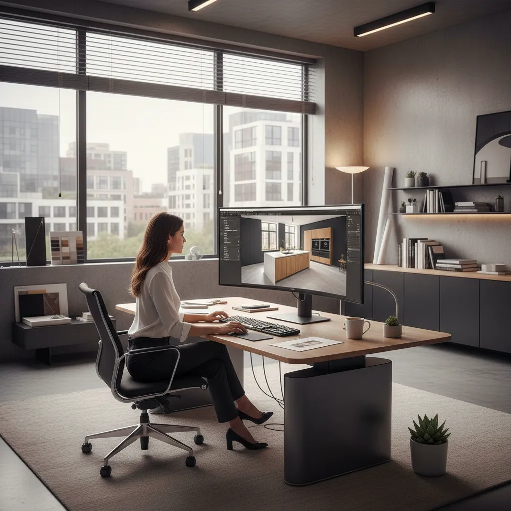 Interiorista trabajando en el diseño digital de una cocina en ordenador