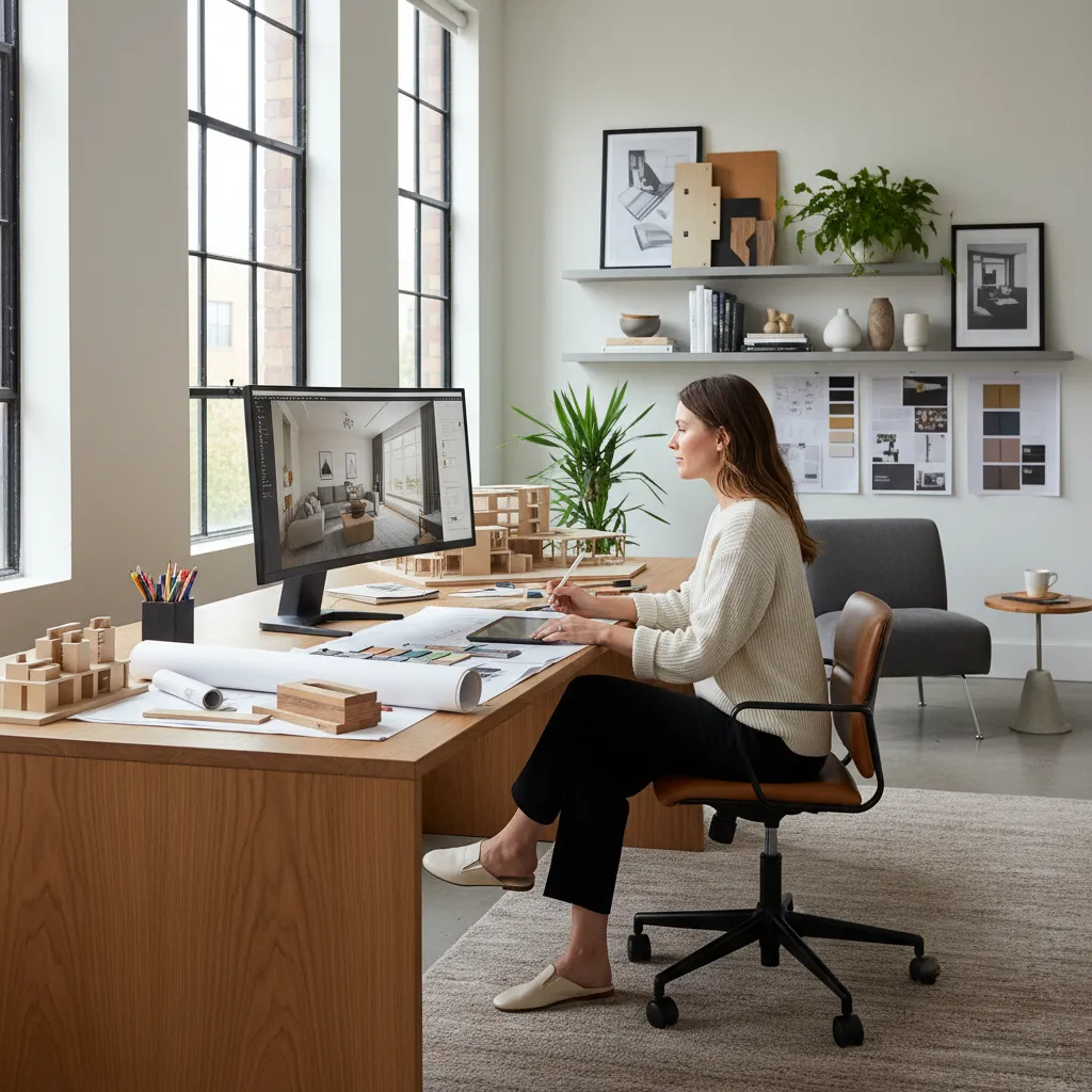 Designer sitting at wooden desk working on computer showing living room with models and papers