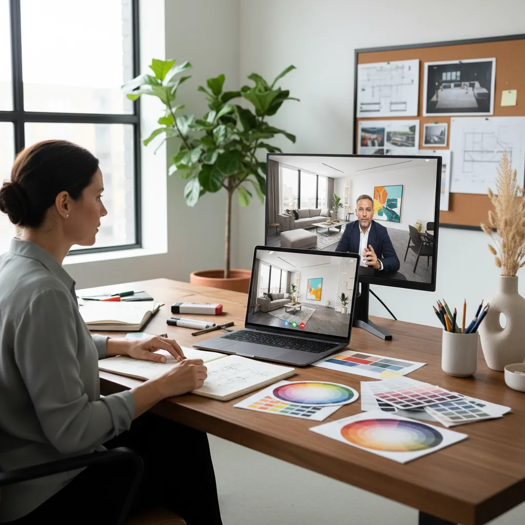 Diseñador revisando planos y renders en videollamada con cliente