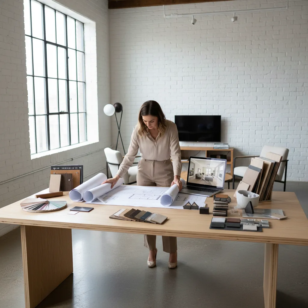 Woman looking at paper room layout on wooden table with laptop and interior design material samples