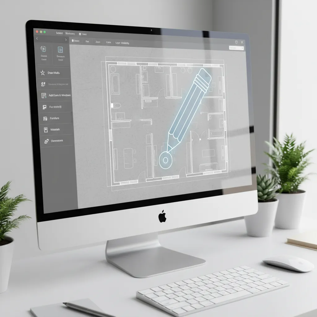 Interior design software tracing walls over a floor plan layout