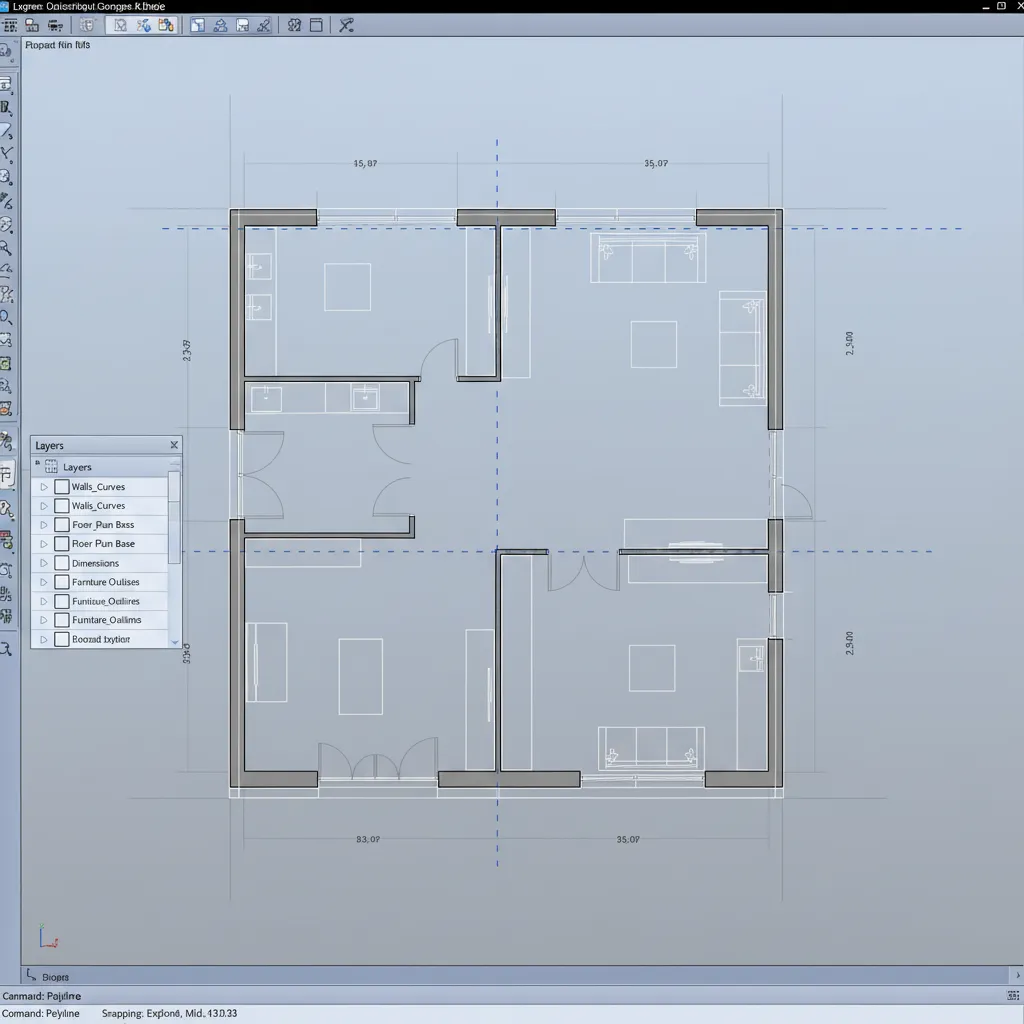 Digital floor plan editor showing a four room apartment layout with gray walls and dimensions