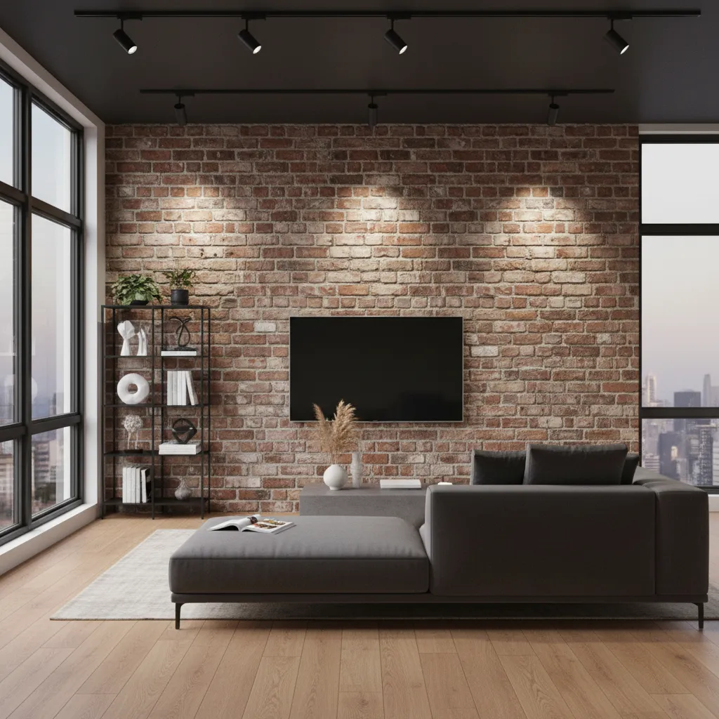 Track lighting highlighting exposed brick interior wall