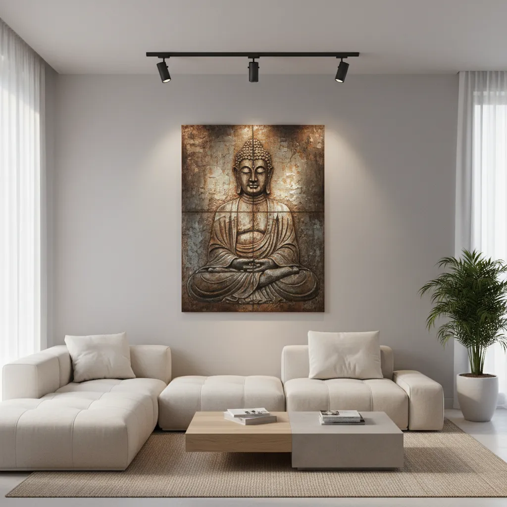 Track lighting highlighting Buddha wall art in modern living room