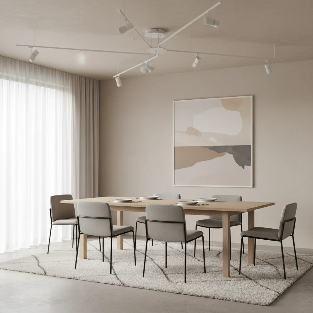 Modern dining room using track lighting aligned with dining table