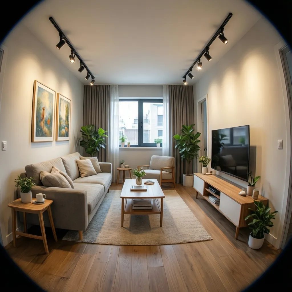 track lighting installed along the ceiling of a narrow mobile home living room