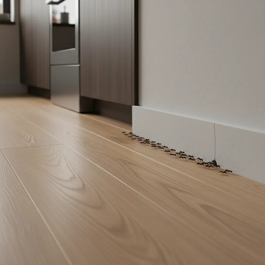 Ant trail moving from kitchen cabinet across floor toward wall