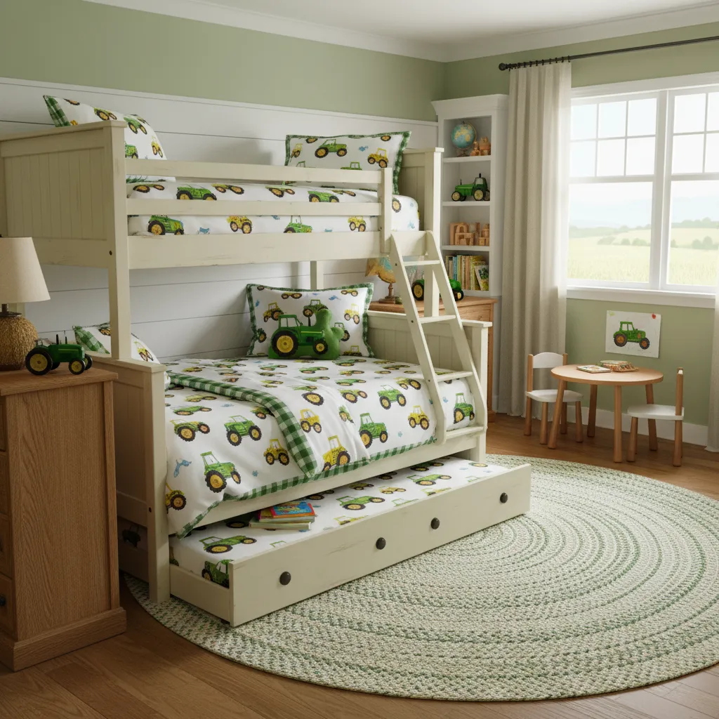 3d visualization of tractor themed kids bedroom design
