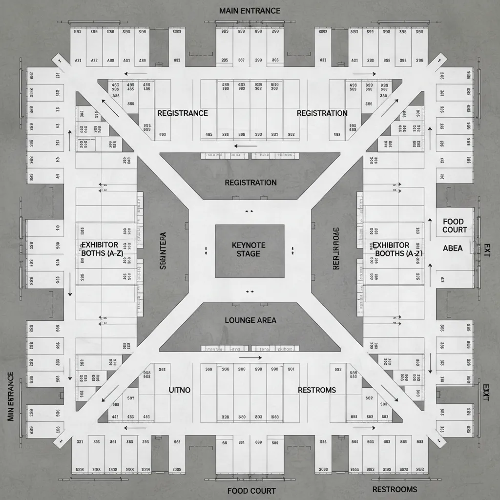 detailed exhibition booth layout map with aisles and sections