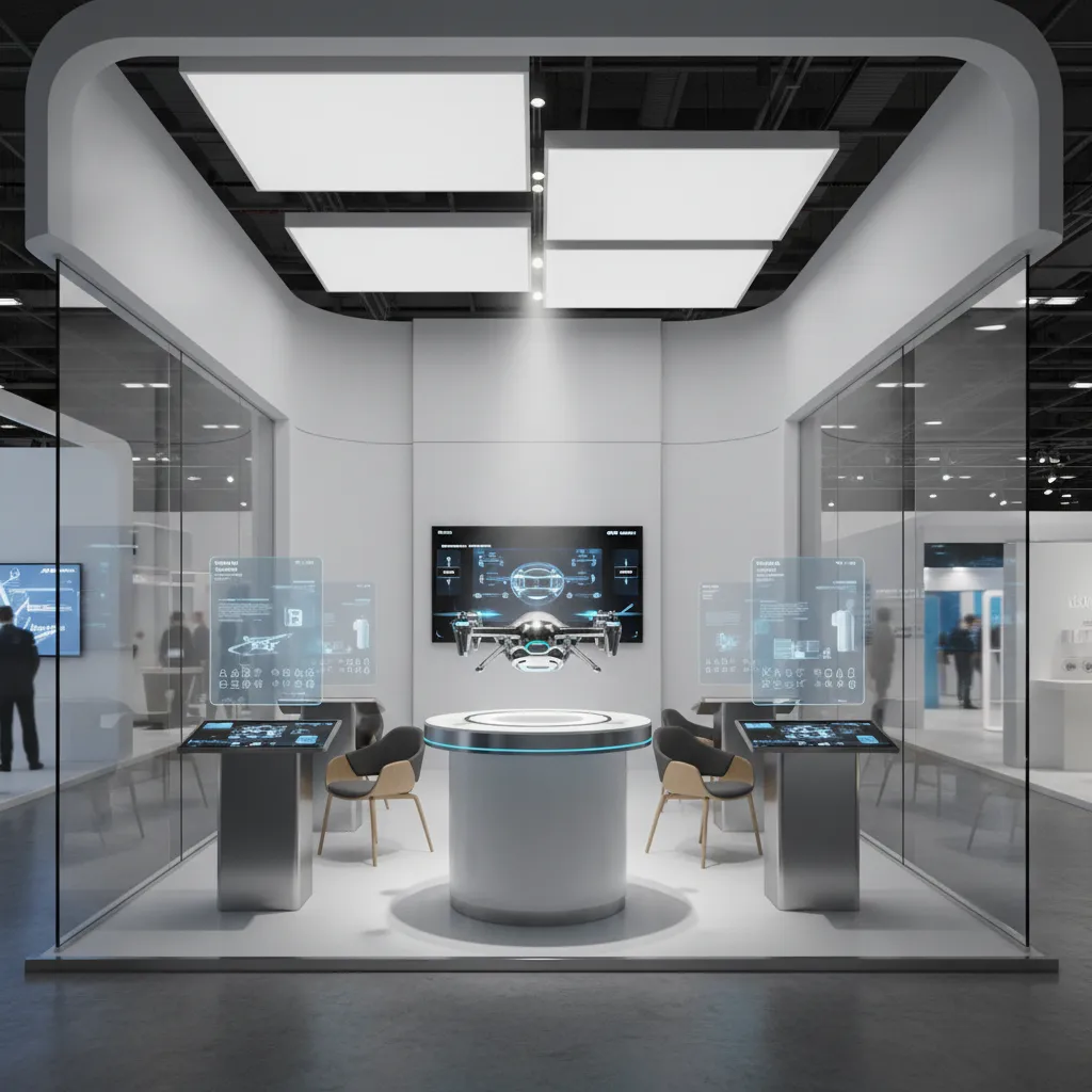 Exhibition booth with strong lighting highlighting central product display