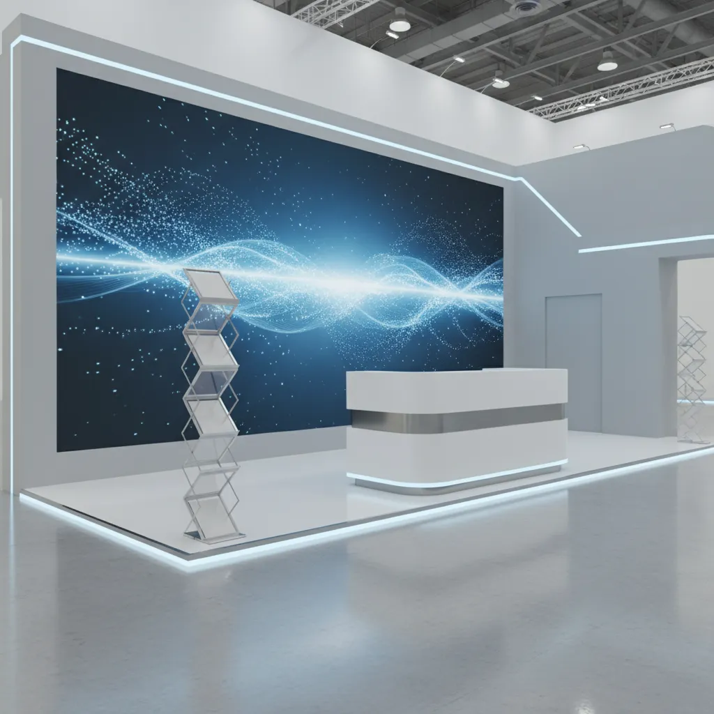 exhibition booth 3D render with brochure holder stand near display screen