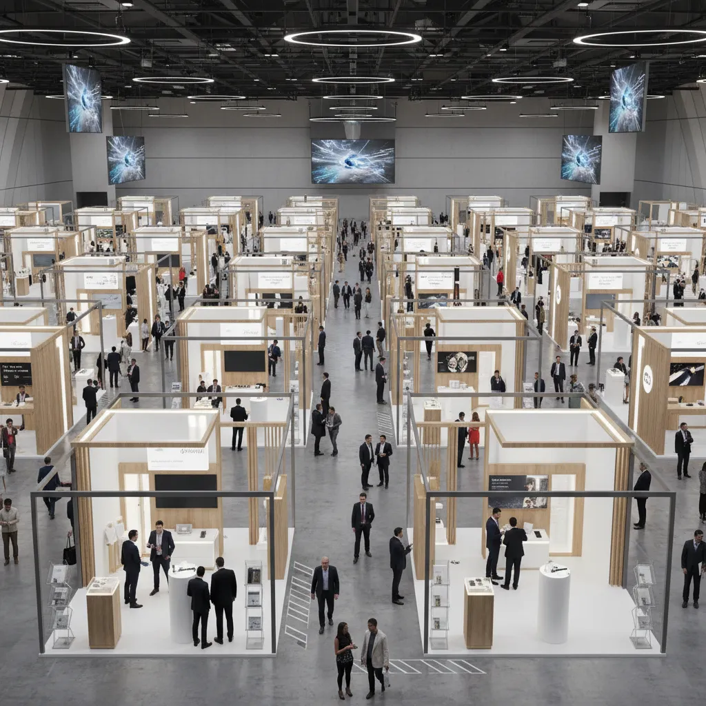 trade show exhibition hall with booth grid layout and wide aisles