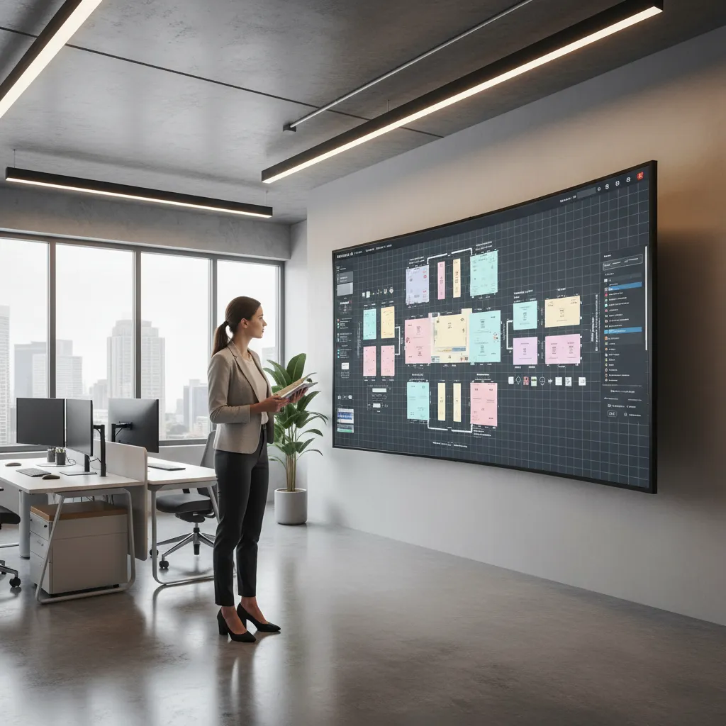 designer reviewing trade show floor layout on large digital screen