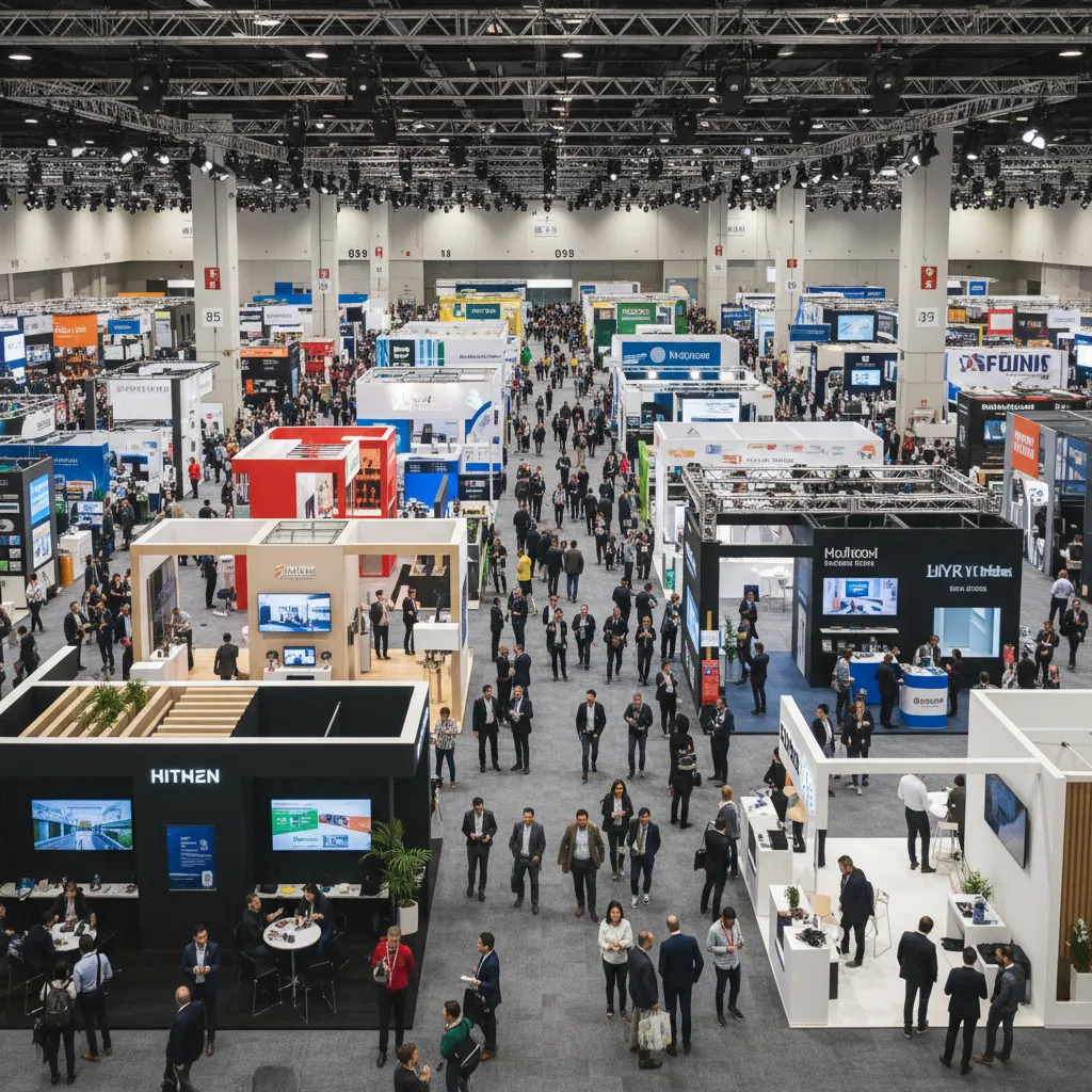 Trade show exhibition hall with organized booth aisles and visitor circulation paths