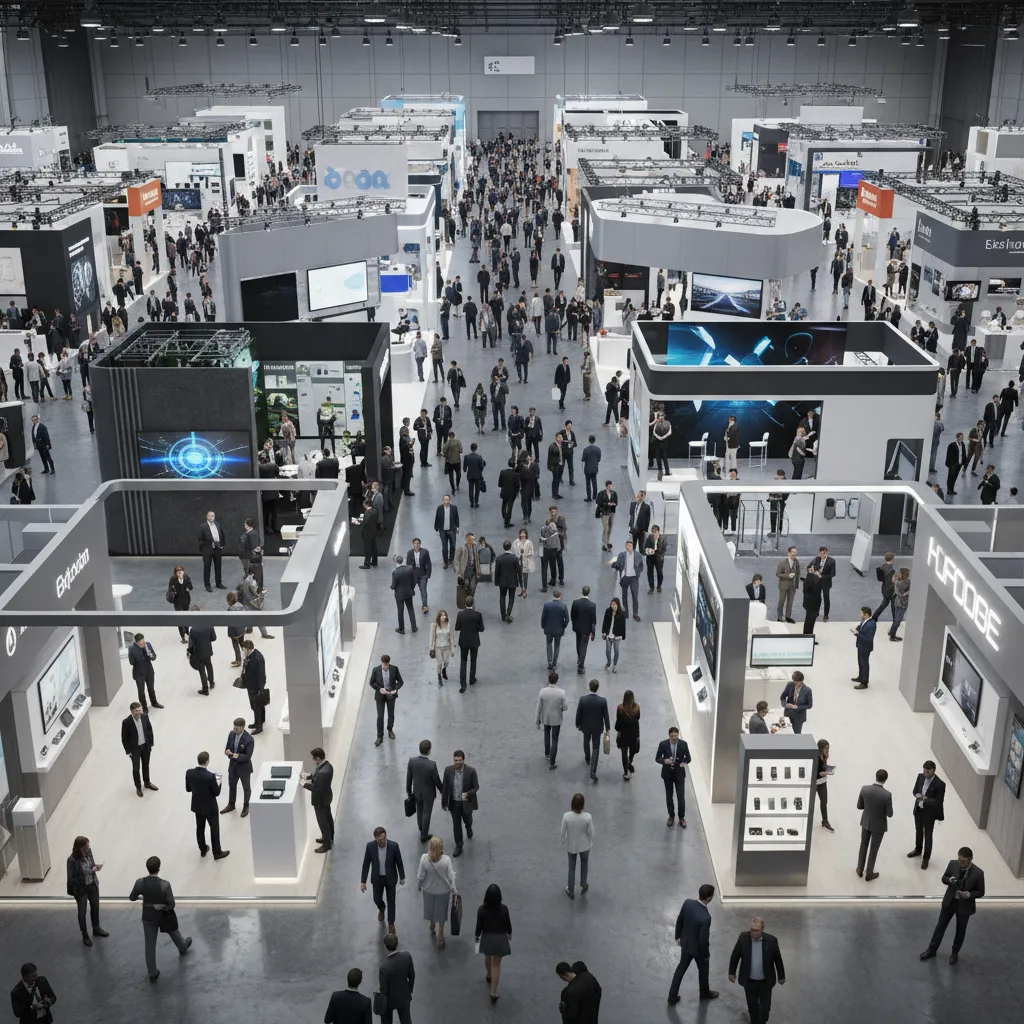 exhibition hall showing visitor traffic flow between booths