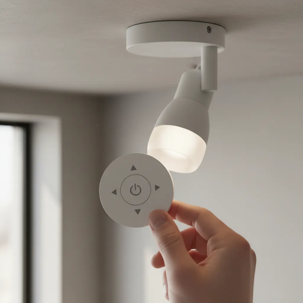 TRÅDFRI remote held very close to a smart bulb during pairing