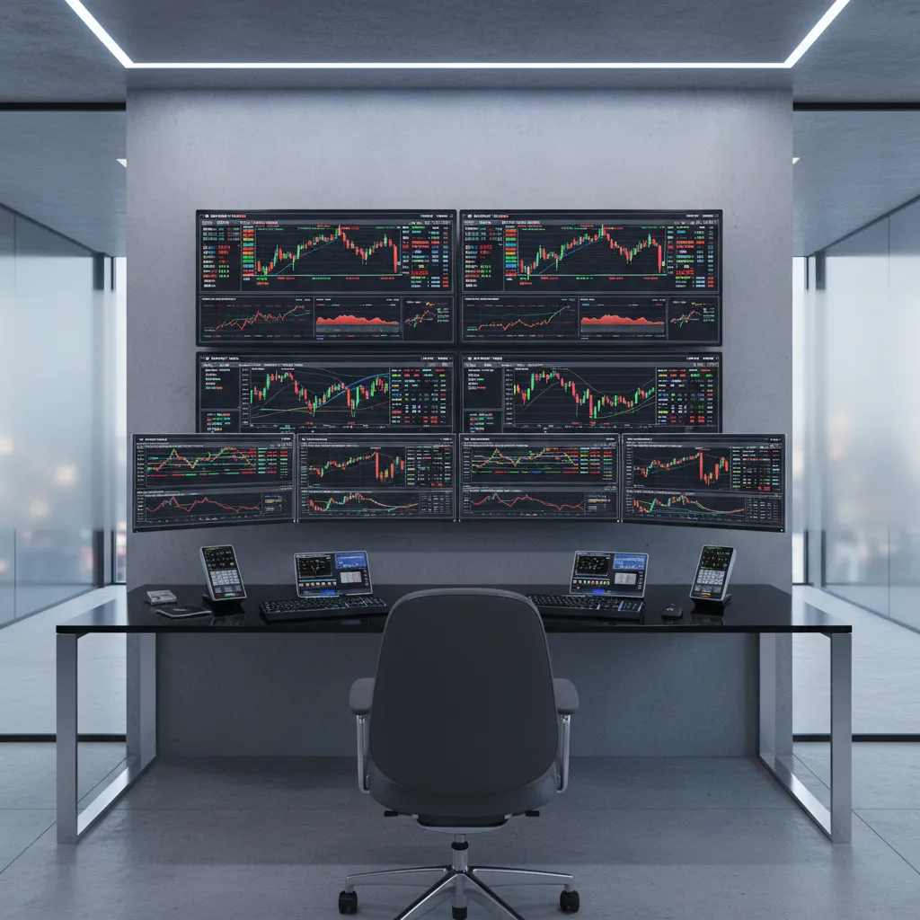 financial trading workstation with multiple wall-mounted monitors arranged in grid