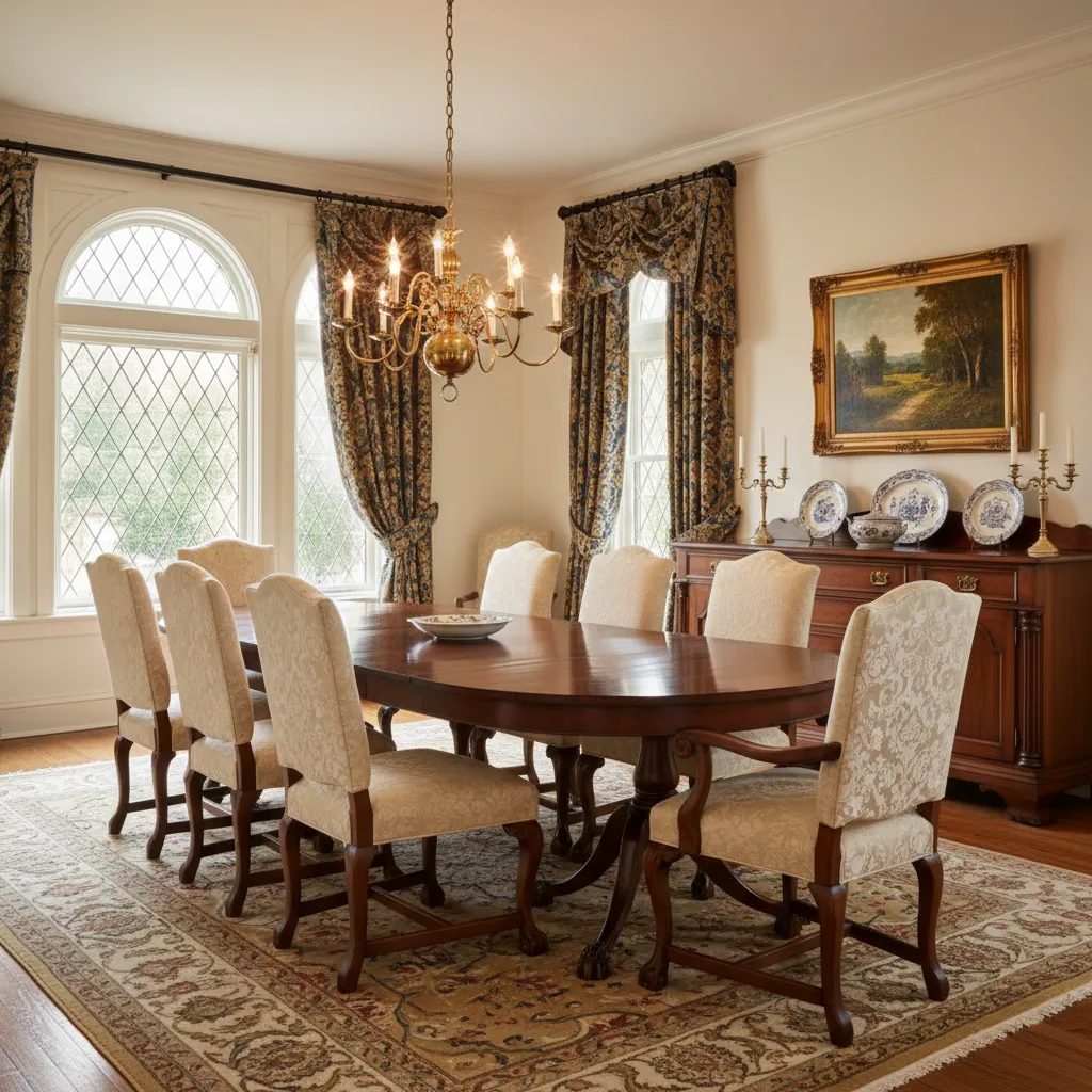 Traditional 1920s dining room with carved wood furniture and buffet cabinet
