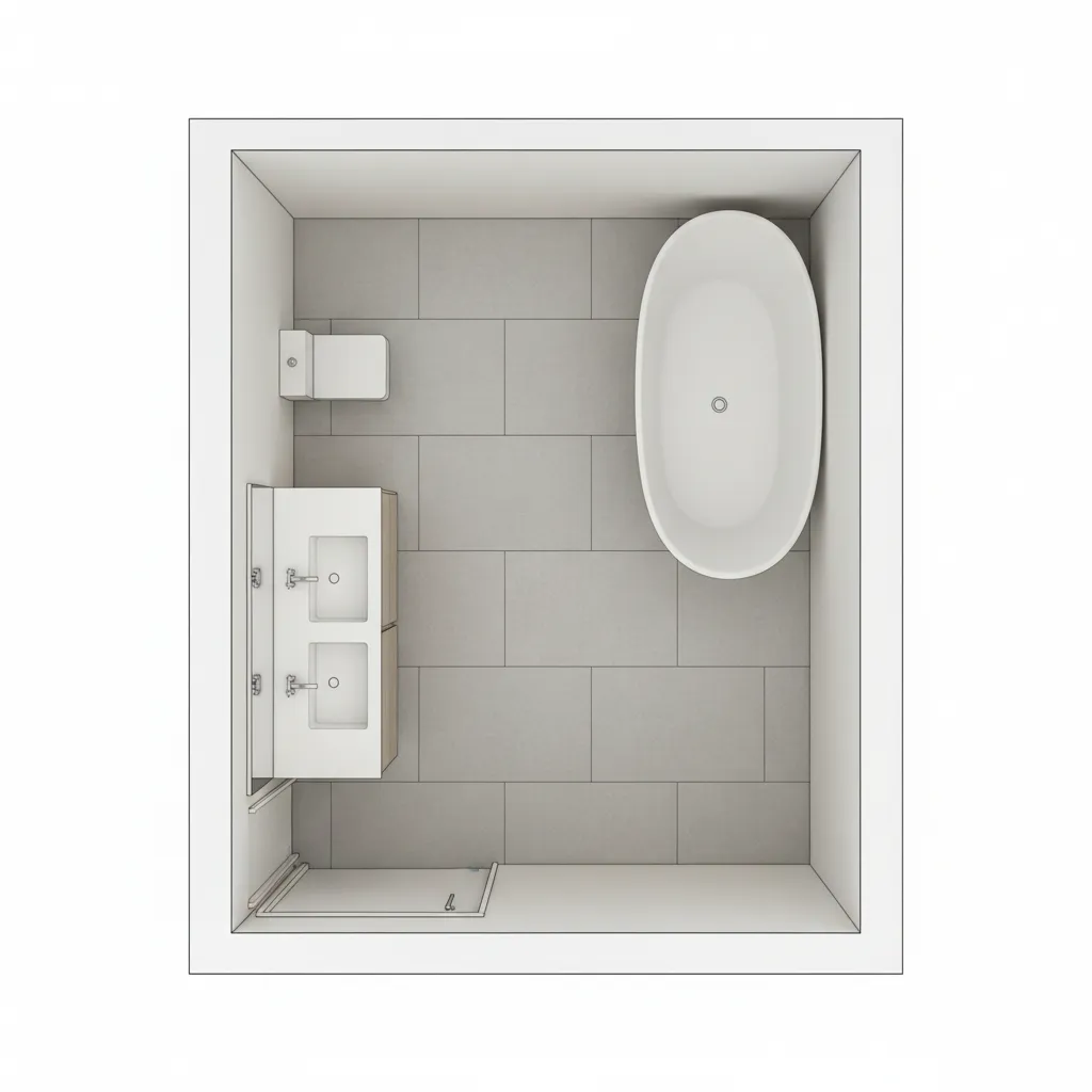 Traditional 5x12 bathroom layout with bathtub at end wall and vanity near entrance