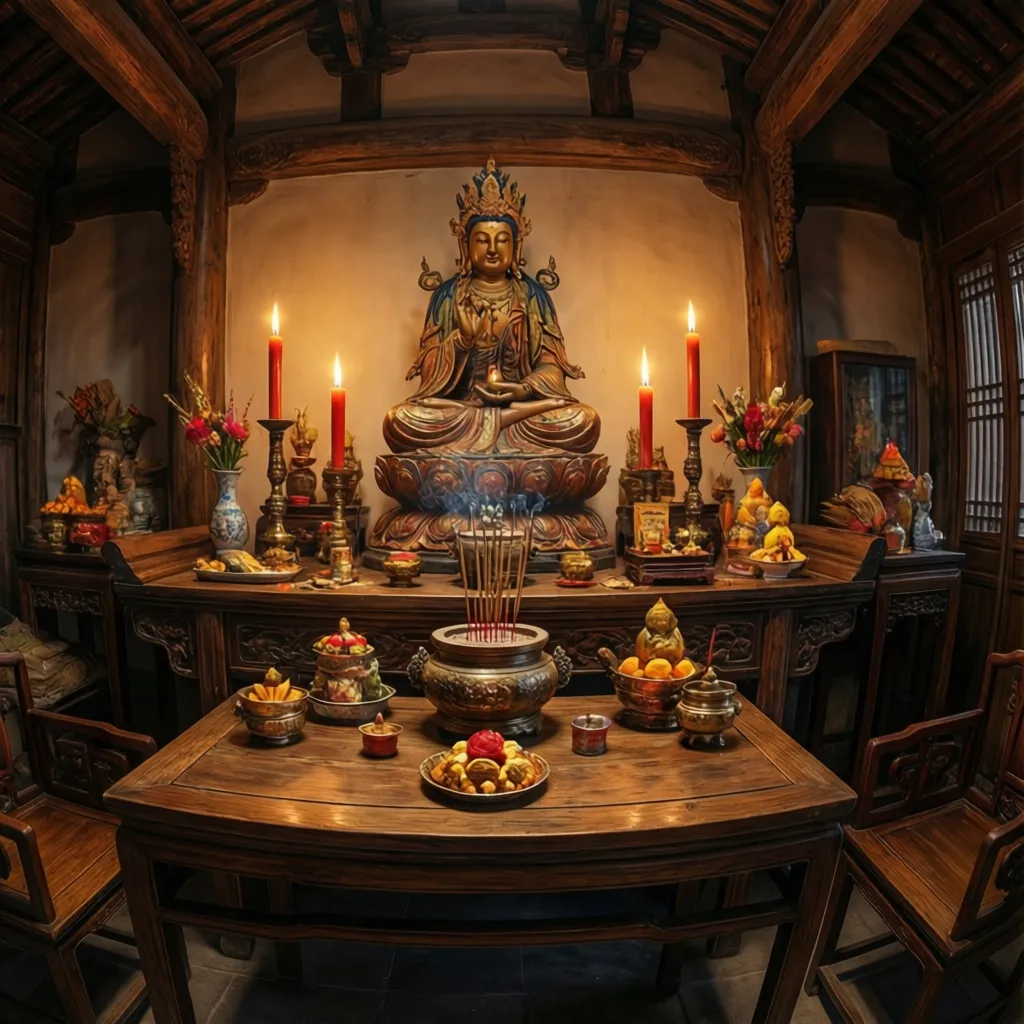 Traditional altar with statue candles incense and symmetrical layout