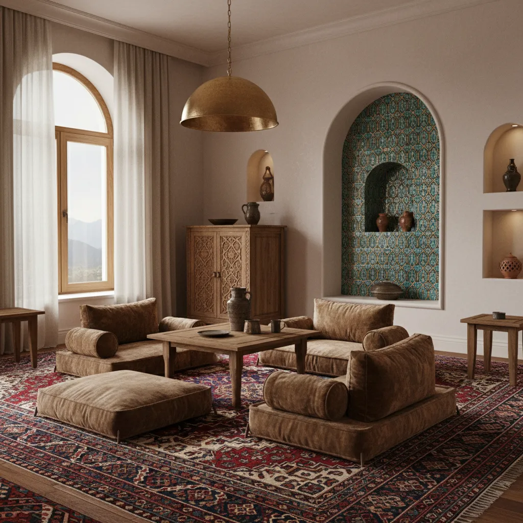Traditional Azerbaijani interior with carpet, cushions, and carved wooden furniture