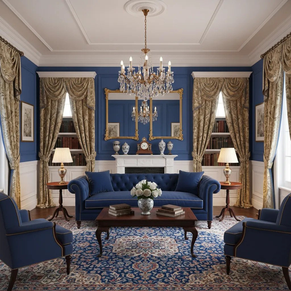 Classic blue living room with elegant patterned curtains