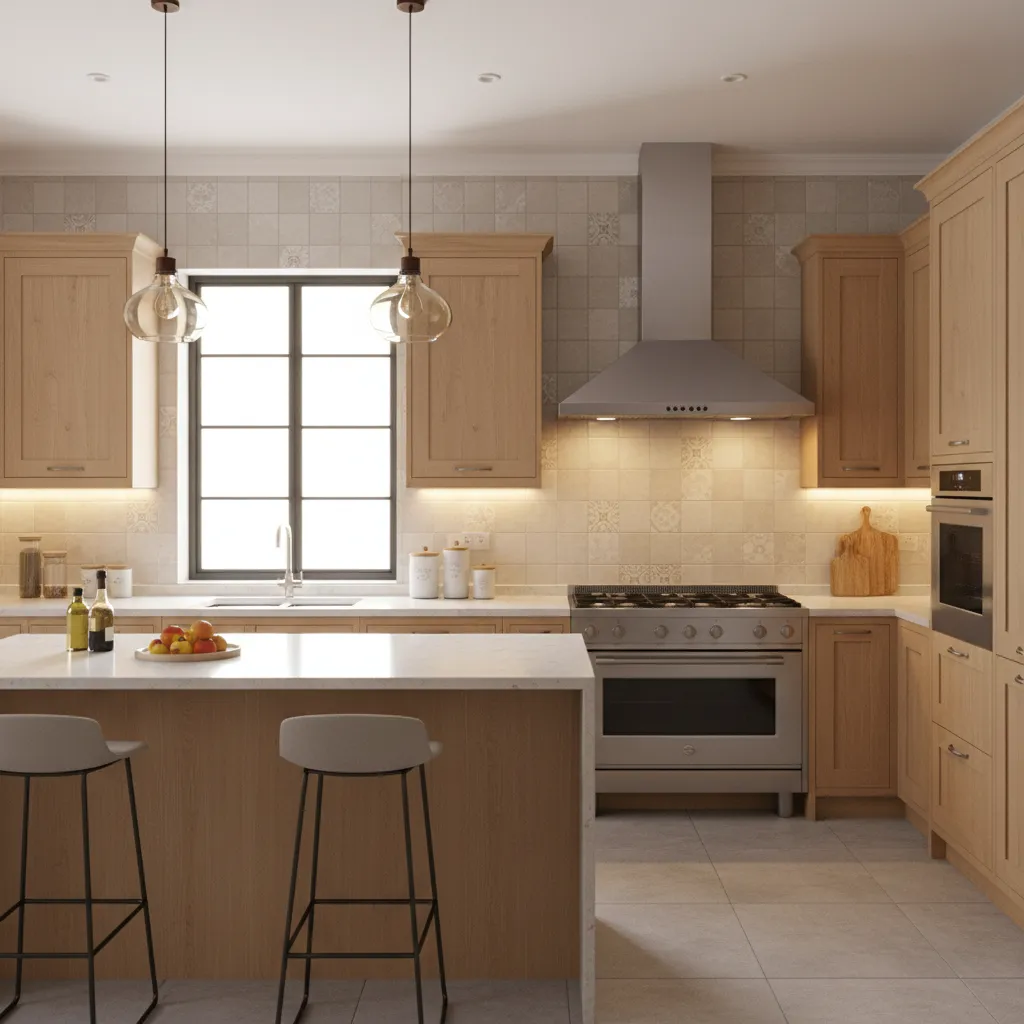traditional box design kitchen chimney mounted above a gas stove
