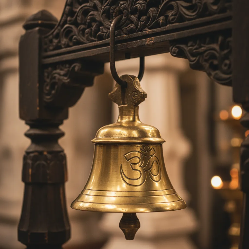 Close up of traditional brass temple bell with engraved sacred symbols
