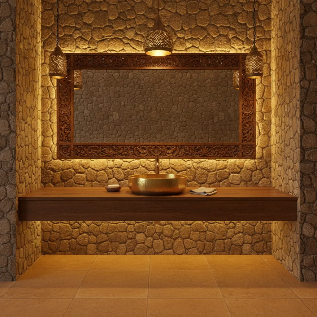 Traditional brass vessel wash basin with wooden background