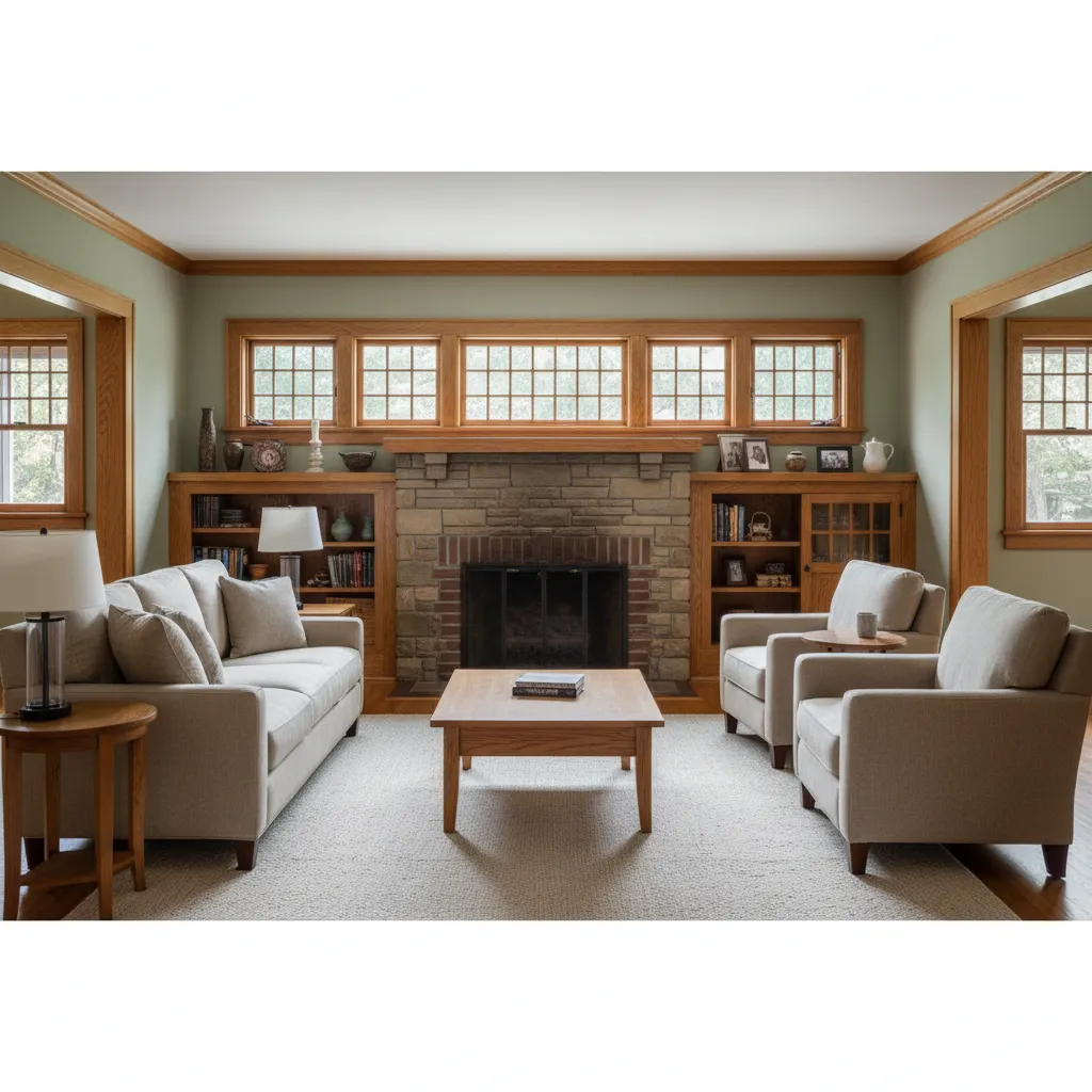 Typical rectangular bungalow living room with fireplace and front window