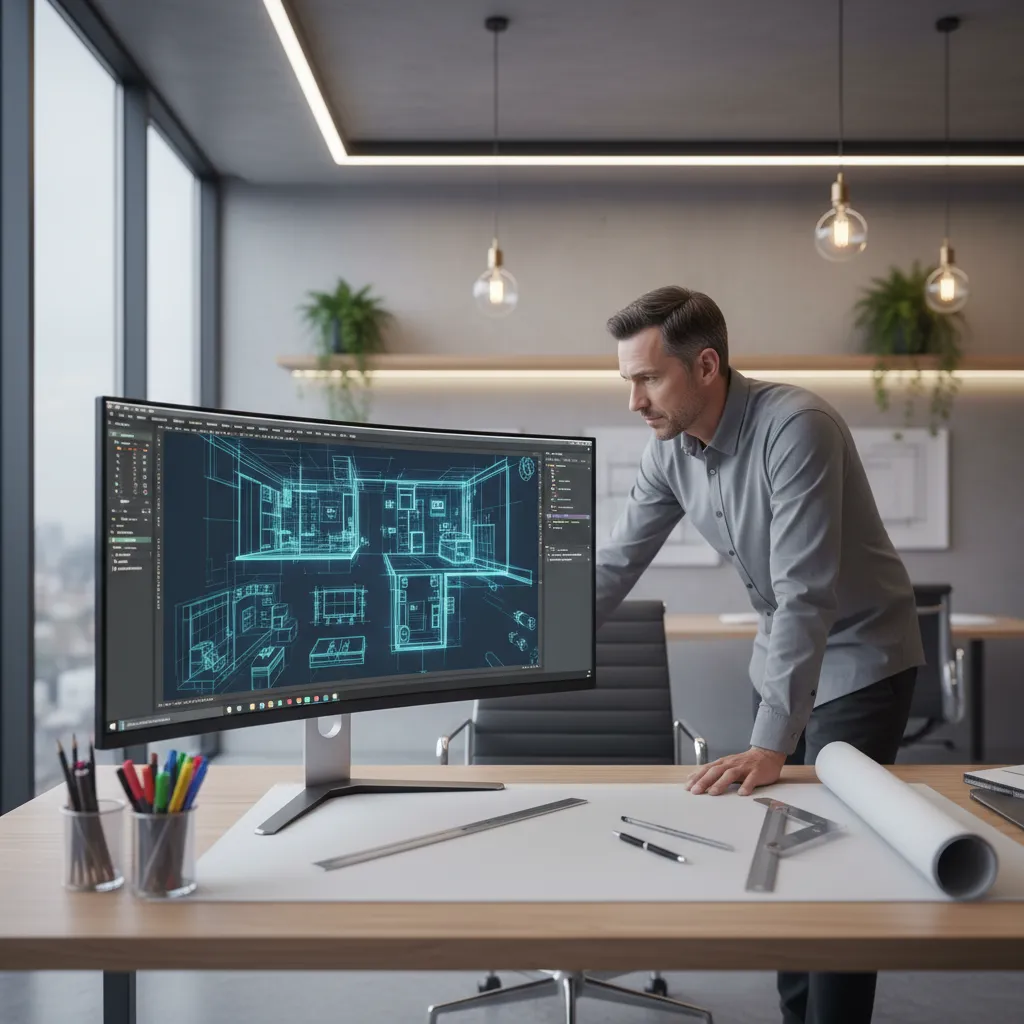 Architect working on detailed CAD floor plan drafting on computer