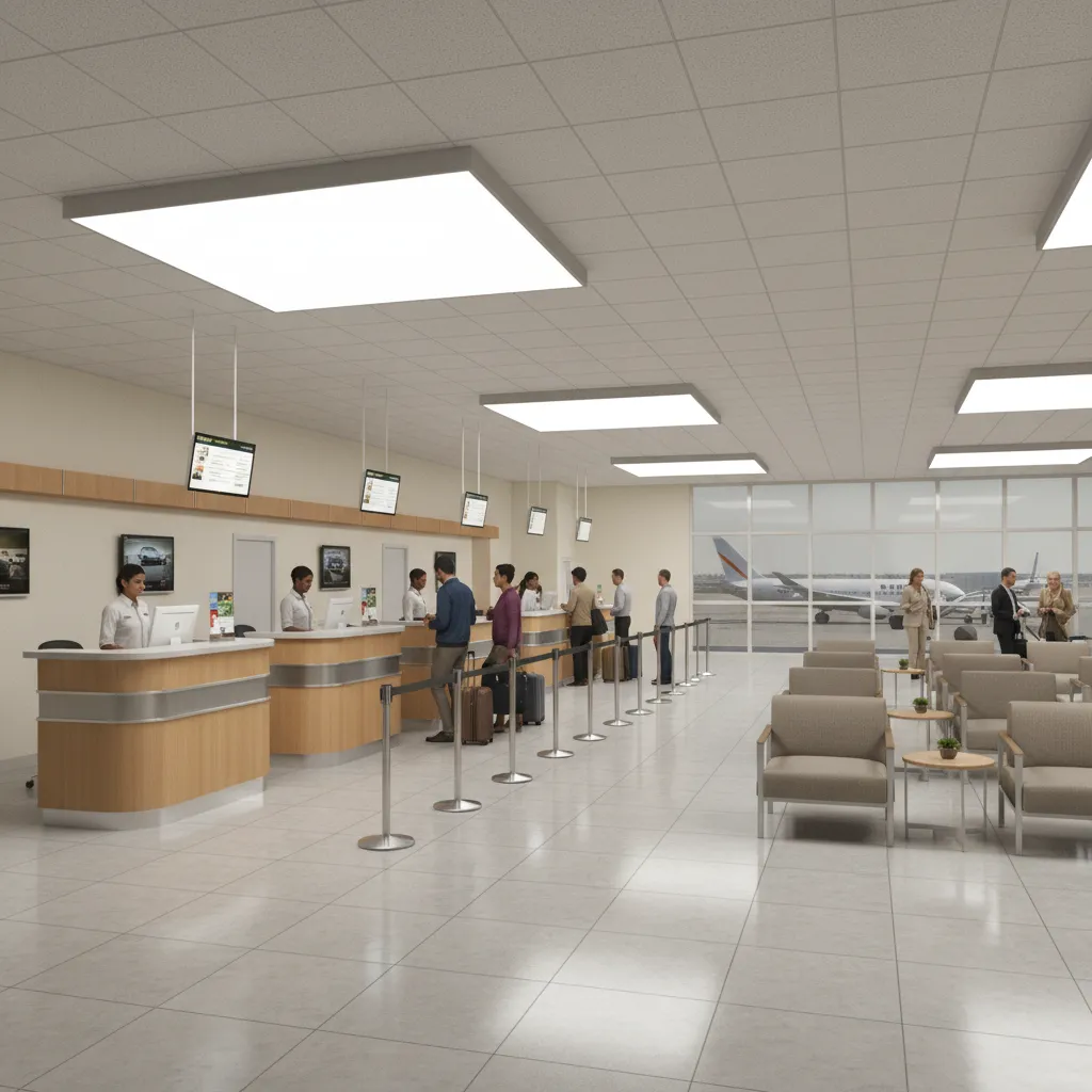 traditional car rental office with service counter and customer queue area