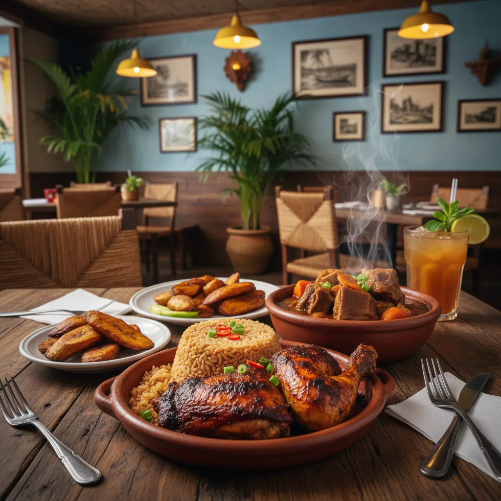 Traditional Caribbean restaurant dishes including jerk chicken rice and peas and plantains