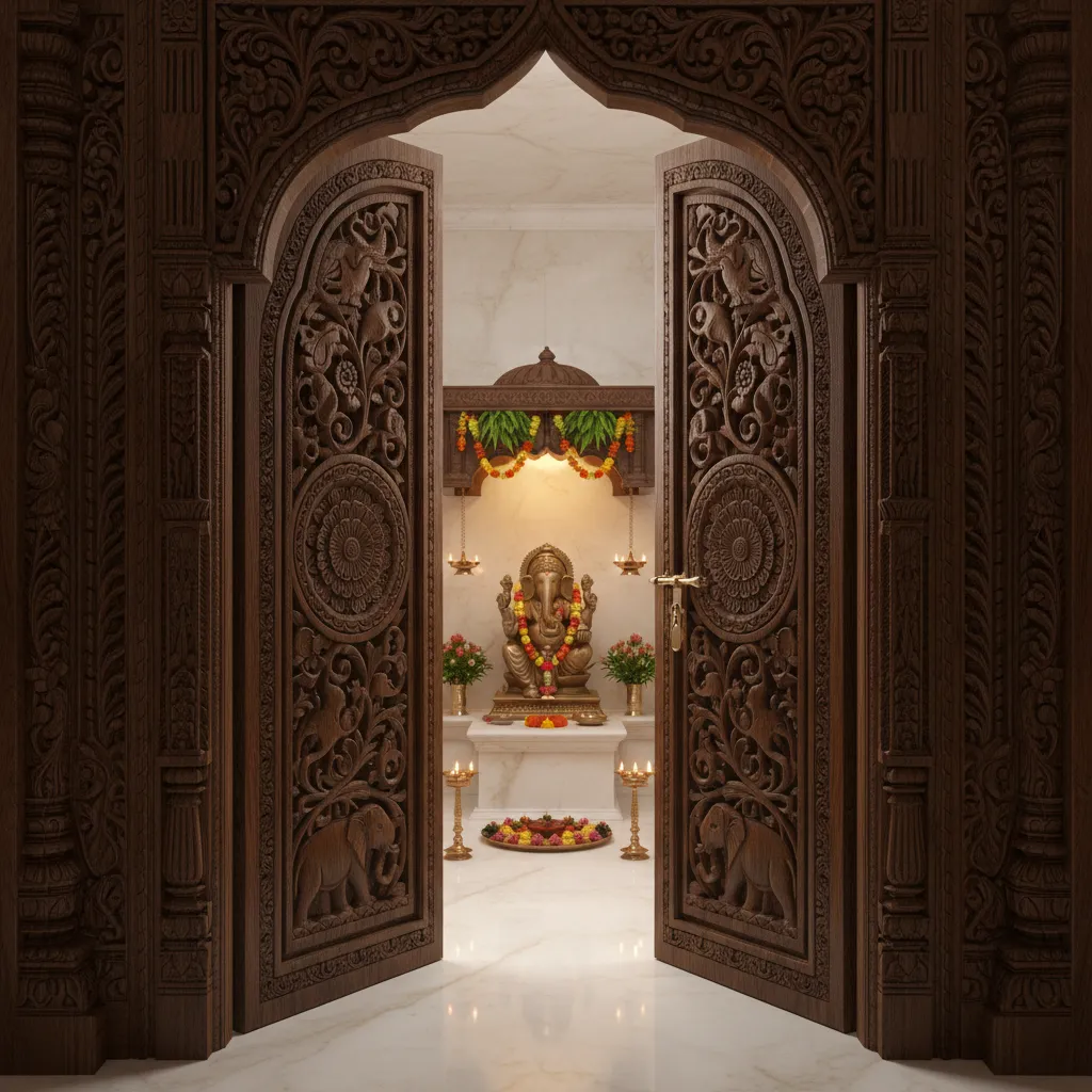 traditional carved wooden pooja room door in a home shrine
