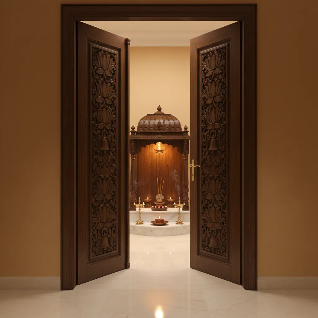 Traditional carved teak wood pooja room double doors